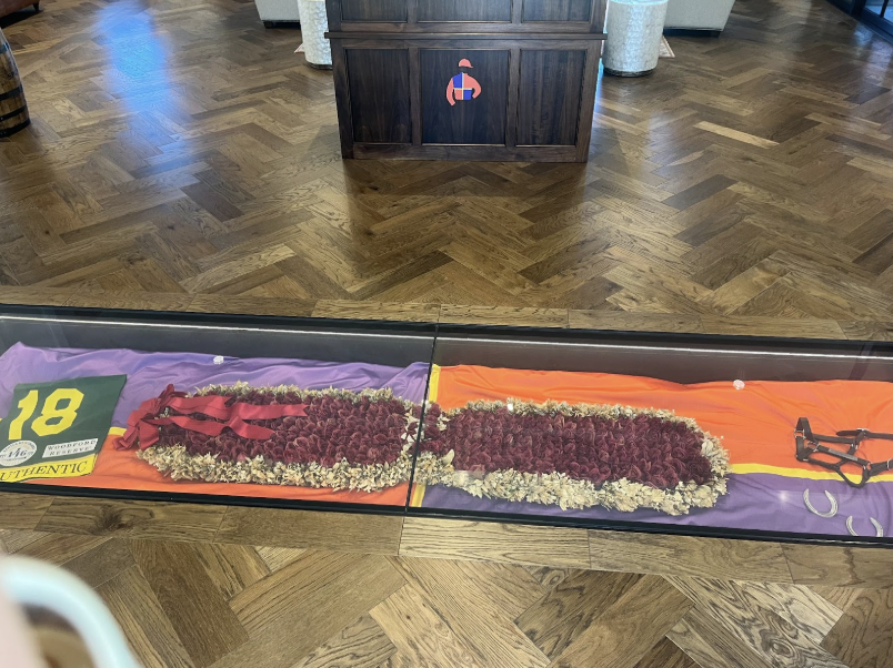 A display case honors the 2020 Derby winner, Authentic